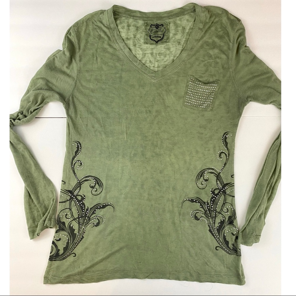 Pink Cattlelac, Green, Long Sleeve, Rhinestone TShirt, Boho Style